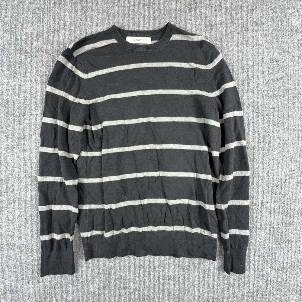 Old‎ Navy Sweater Mens Small Black Gray Striped Crewneck Cotton Knit Pullover